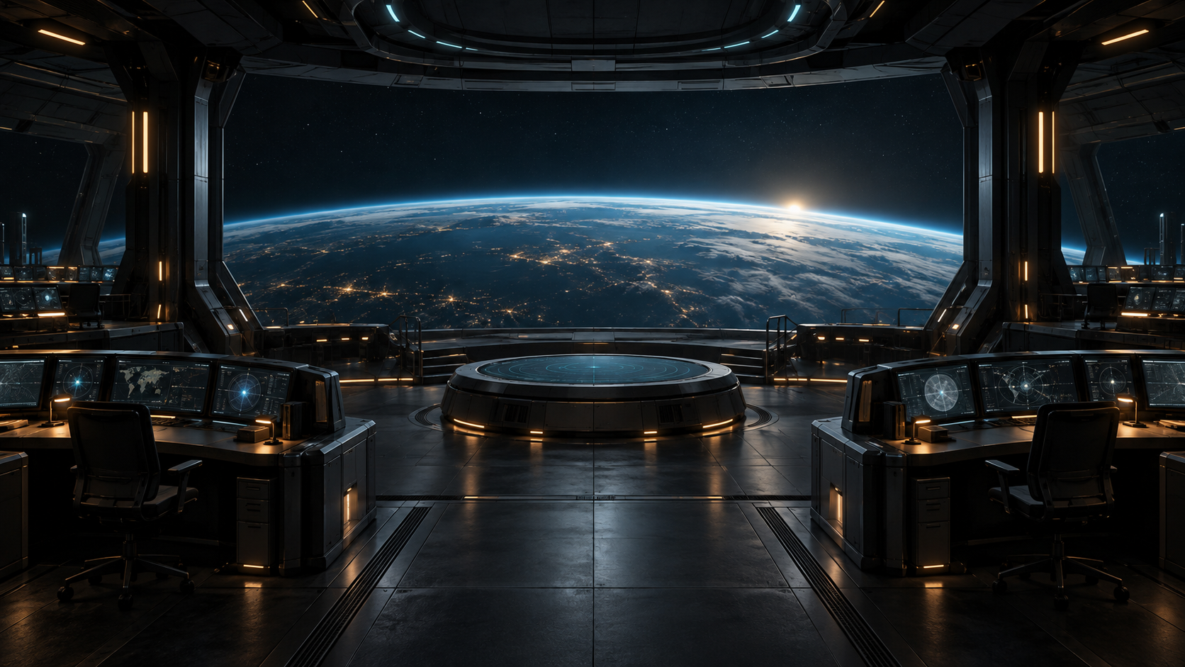A quiet orbital mission control room overlooking Earth