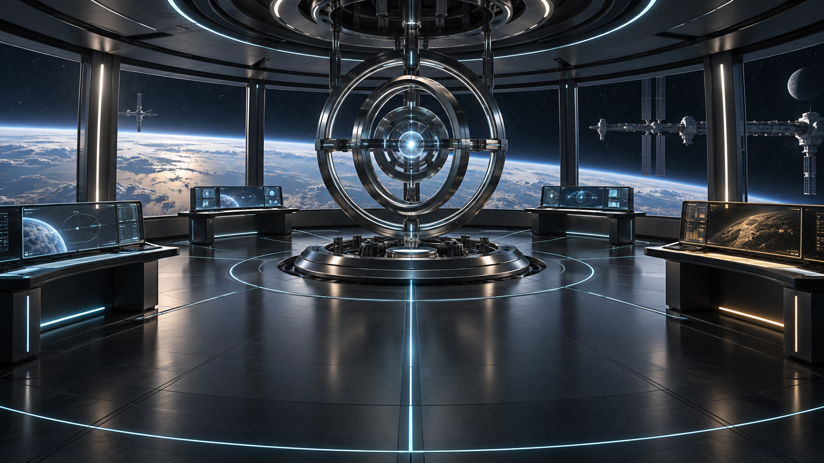A circular orbital communications chamber with a central Relay Core and Earth beyond its windows